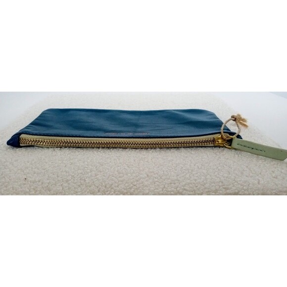 Anthropologie "Creme de la Creme" Blue Leather Gold Zipper Pouch 9 in x 4 in - Picture 5 of 9
